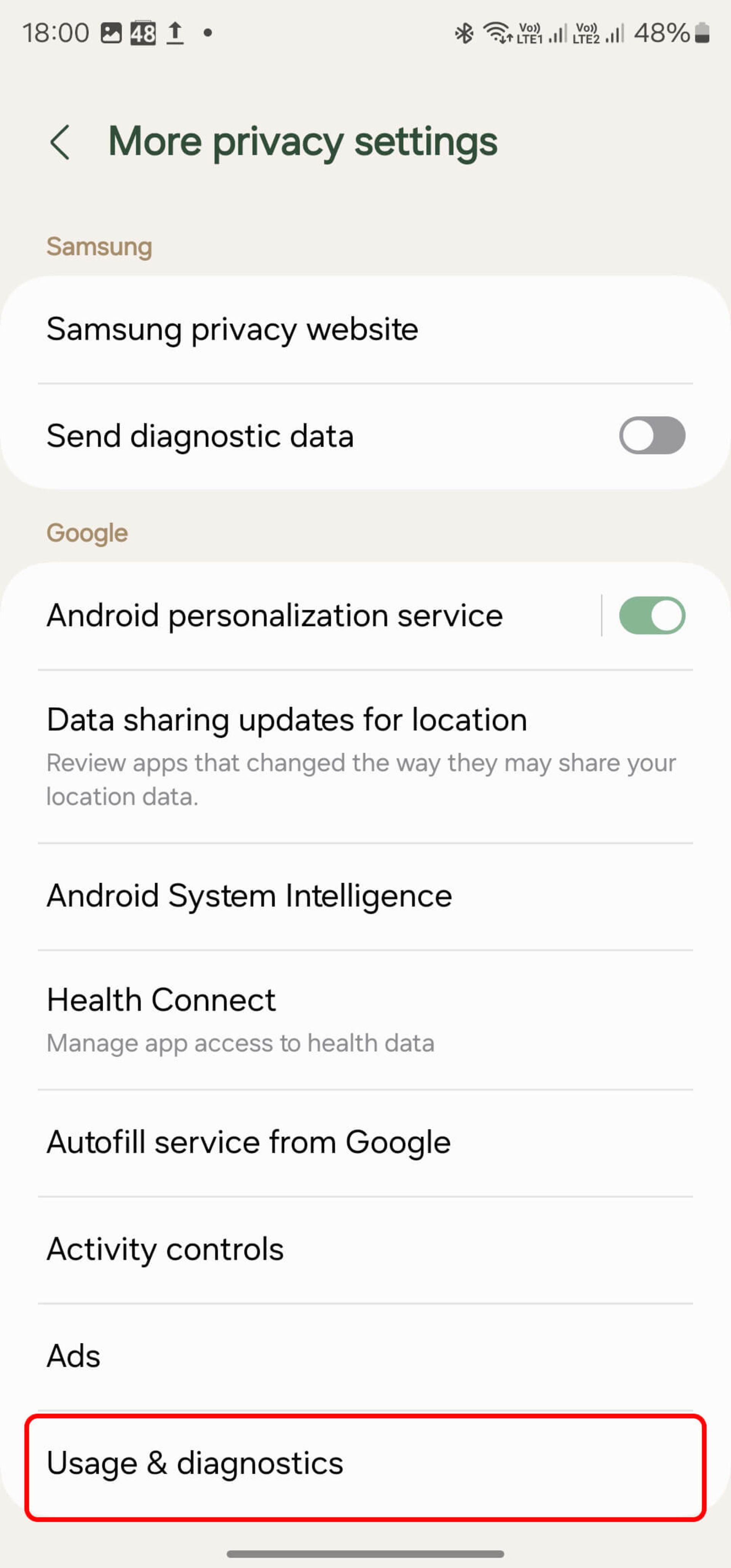 انتخاب usage and diagnostics