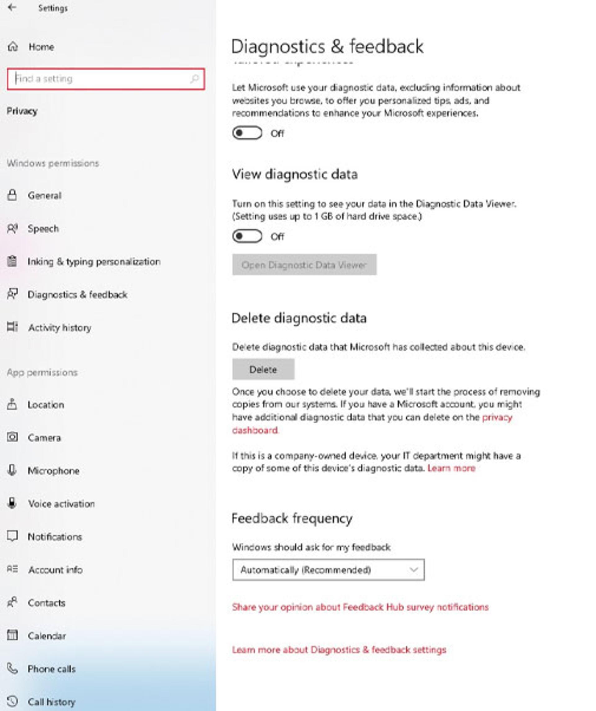 تنظیمات Diagnostics & Feedback