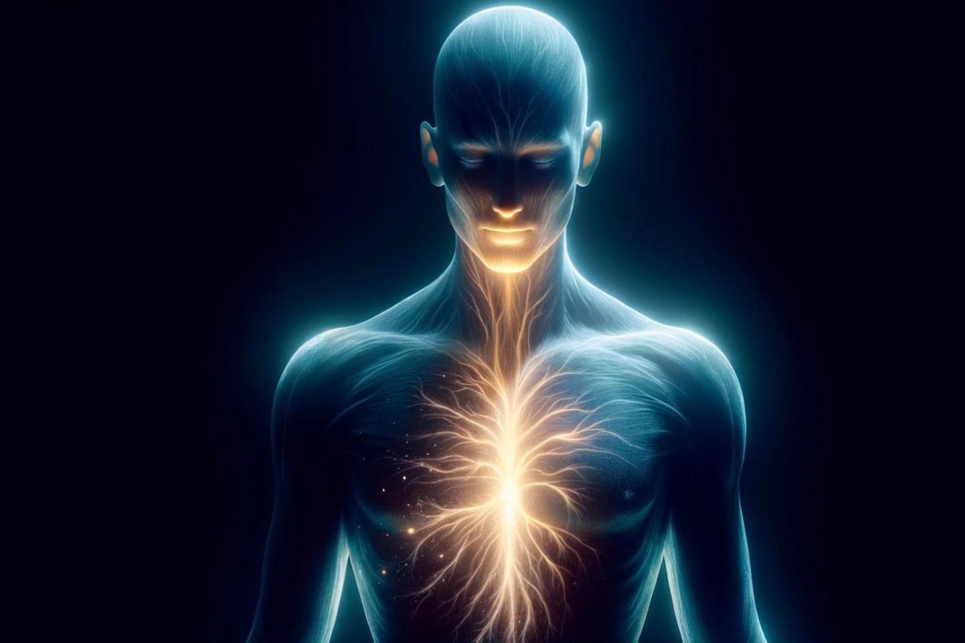 تصویرسازی از بدن شفاف انسان درحال ساطع‌کردن نور