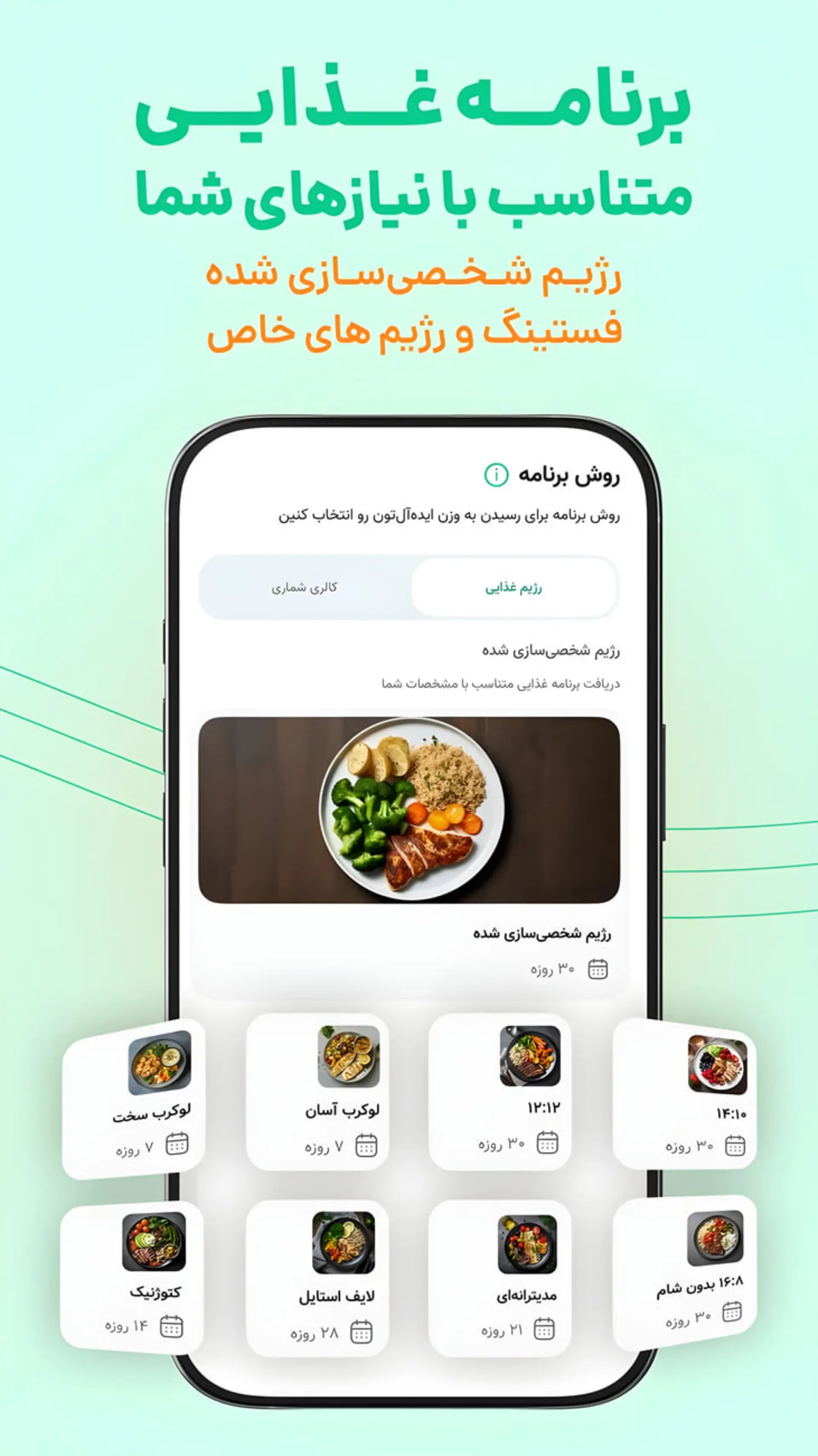 نمای رابط کاربری اپلیکیشن برنامه غذایی با گزینههای رژیم شخصیسازی شده کرفس