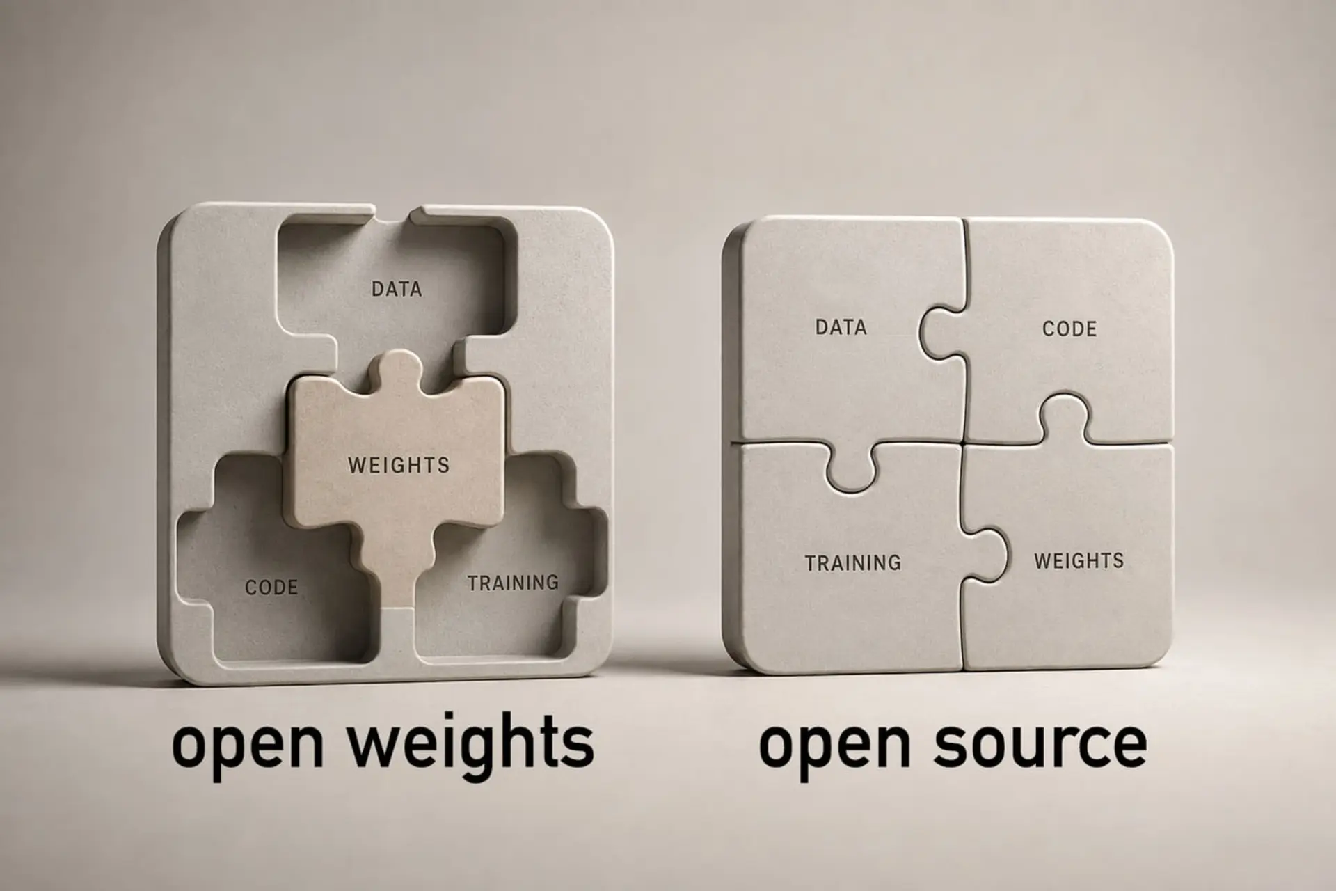 قطعات پازل مدل وزن‌باز (Open Weights) و مدل متن‌باز (Open Source) در کنار هم