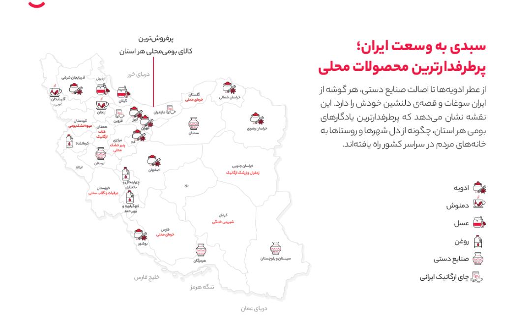 نقشه ایران با آیکون‌های کالاهای بومی پرفروش در استان‌های مختلف