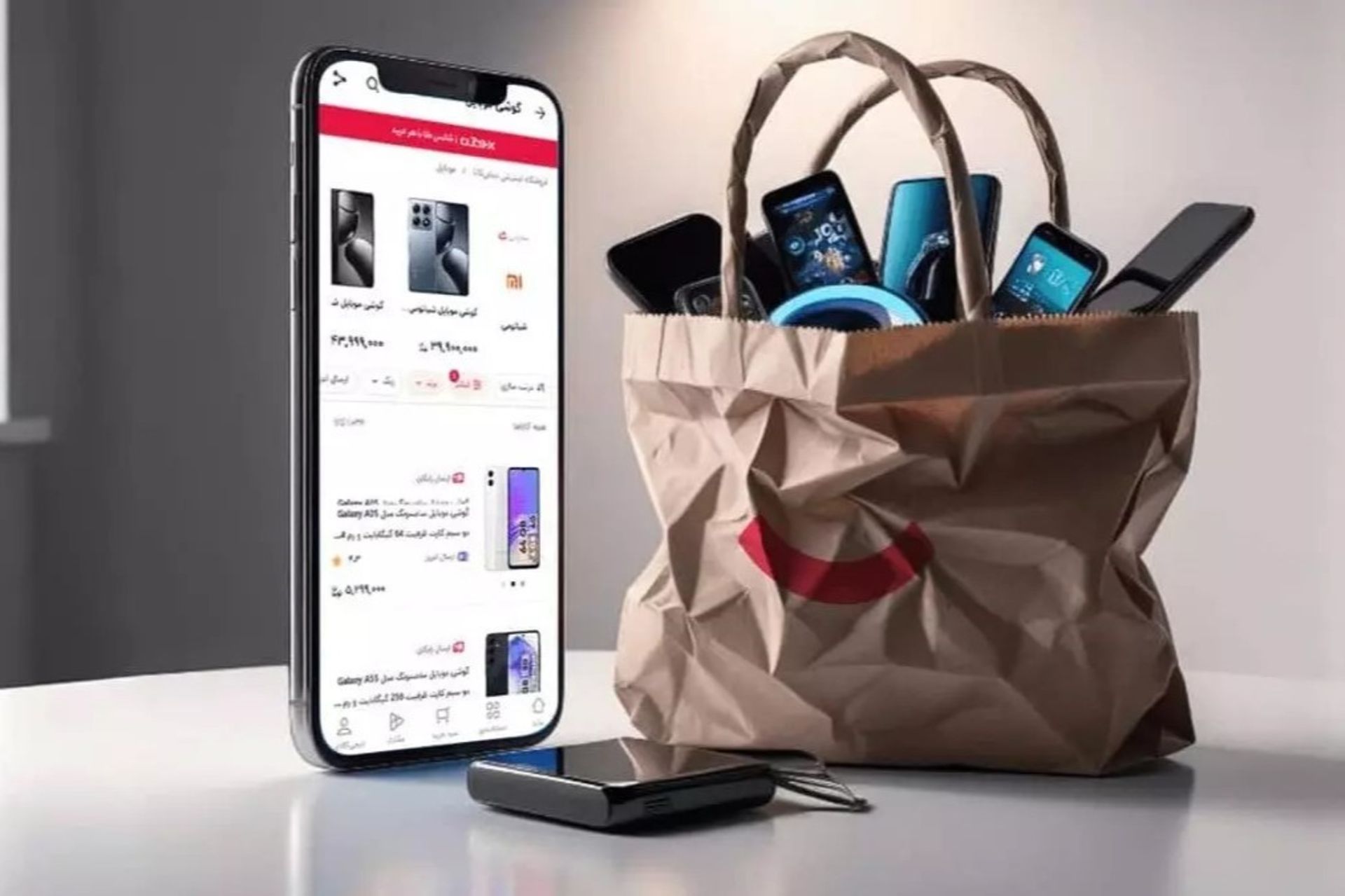 یک کیف پر از گوشی و اپ دیجی‌کالا روی صفحه گوشی موبایل