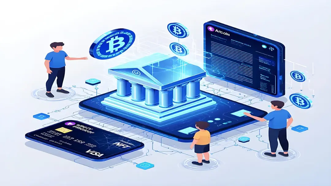نمای گرافیکی از ساختمان بانک دیجیتال و سکه‌های بیت‌کوین (Bitcoin) در کنار کارت‌های بانکی