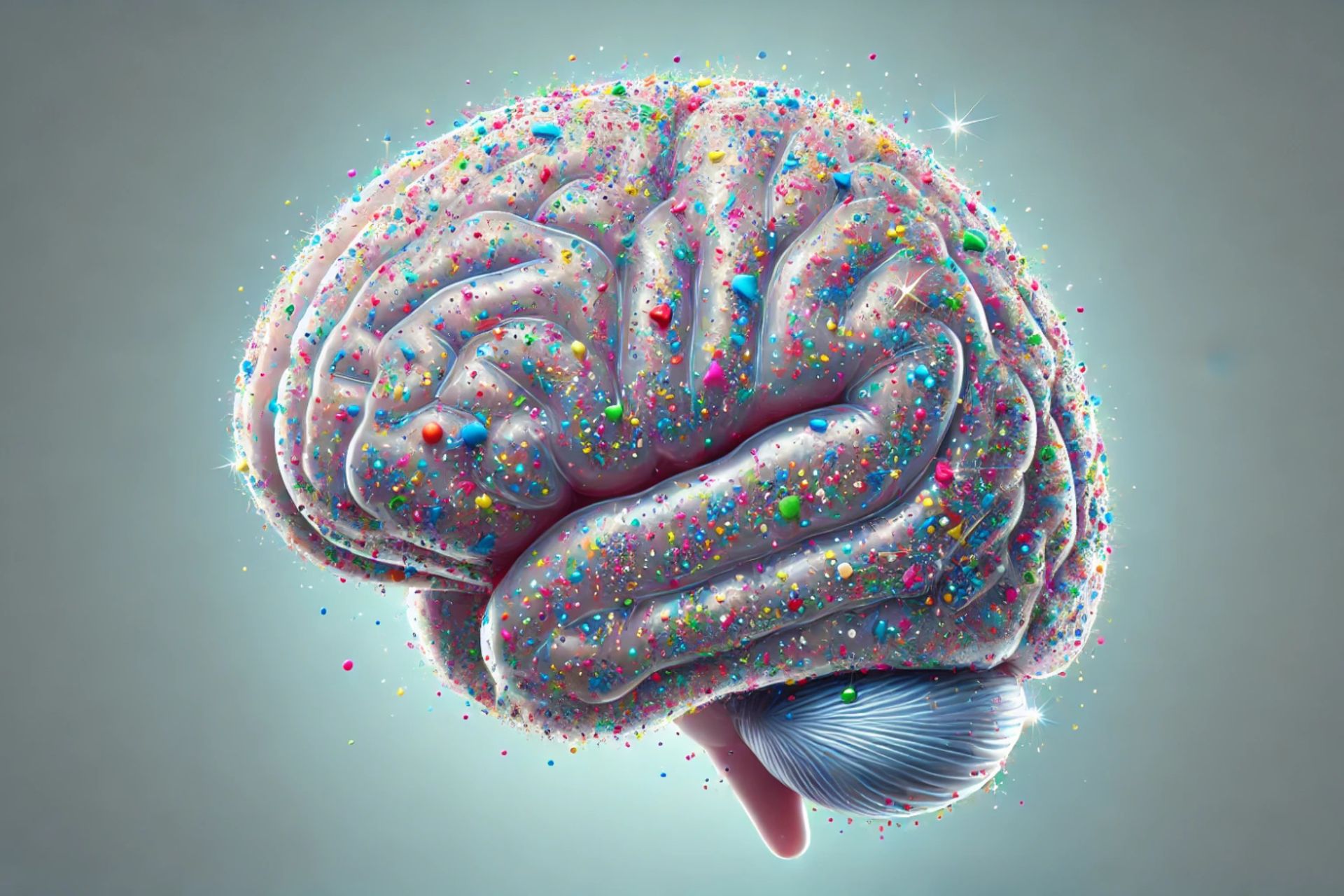 تصویرسازی دیجیتالی مغز انسان با میکروپلاستیک‌های درونش. میکروپلاستیک‌ها به صورت قطعات پلاستیکی ریز و رنگارنگ دیده می‌شوند.