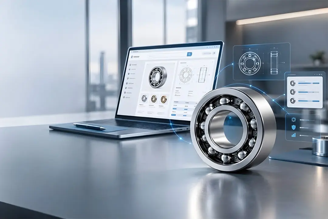 بلبرینگ صنعتی (Industrial Bearing) در کنار لپ‌تاپ و نمایشگر اطلاعات فنی دیجیتال
