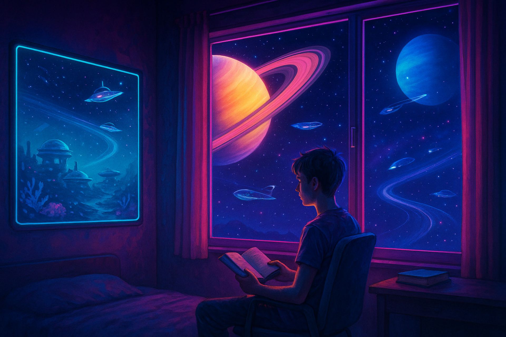 نقاشی دیجیتالی از نوجوانی که در اتاقی مدرن با نورهای نئونی نشسته و کتابی در دست دارد