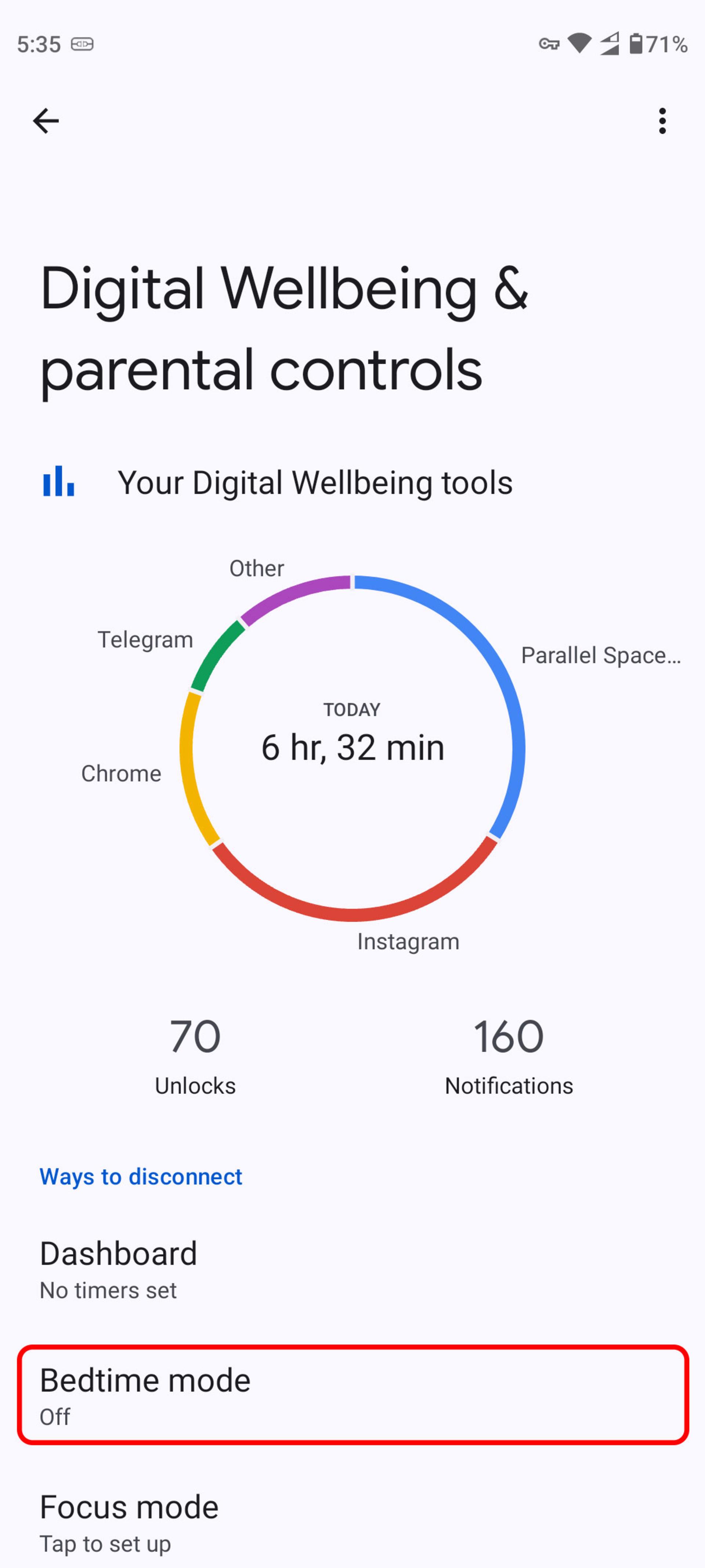 انتخاب bedtime mode در Digital Wellbeing & Parental controls