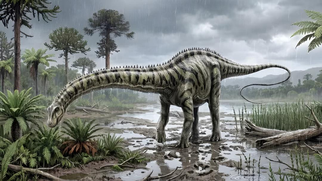 دیپلودوکوس (Diplodocus) در یک محیط جنگلی و بارانی در دوران ژوراسیک
