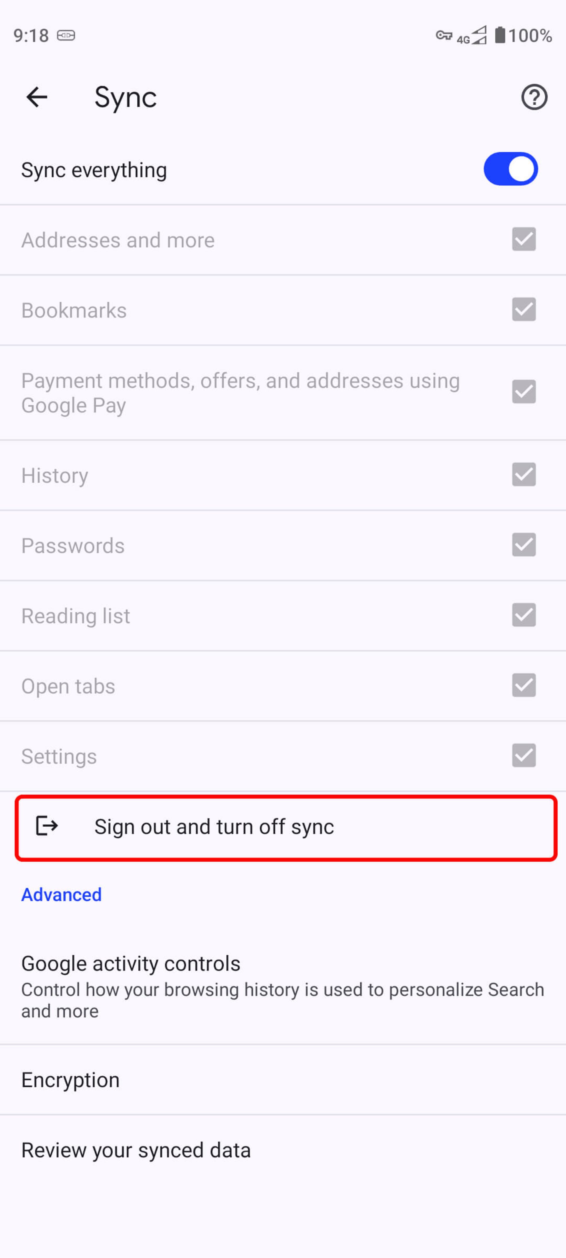 انتخاب Sign out and turn off sync