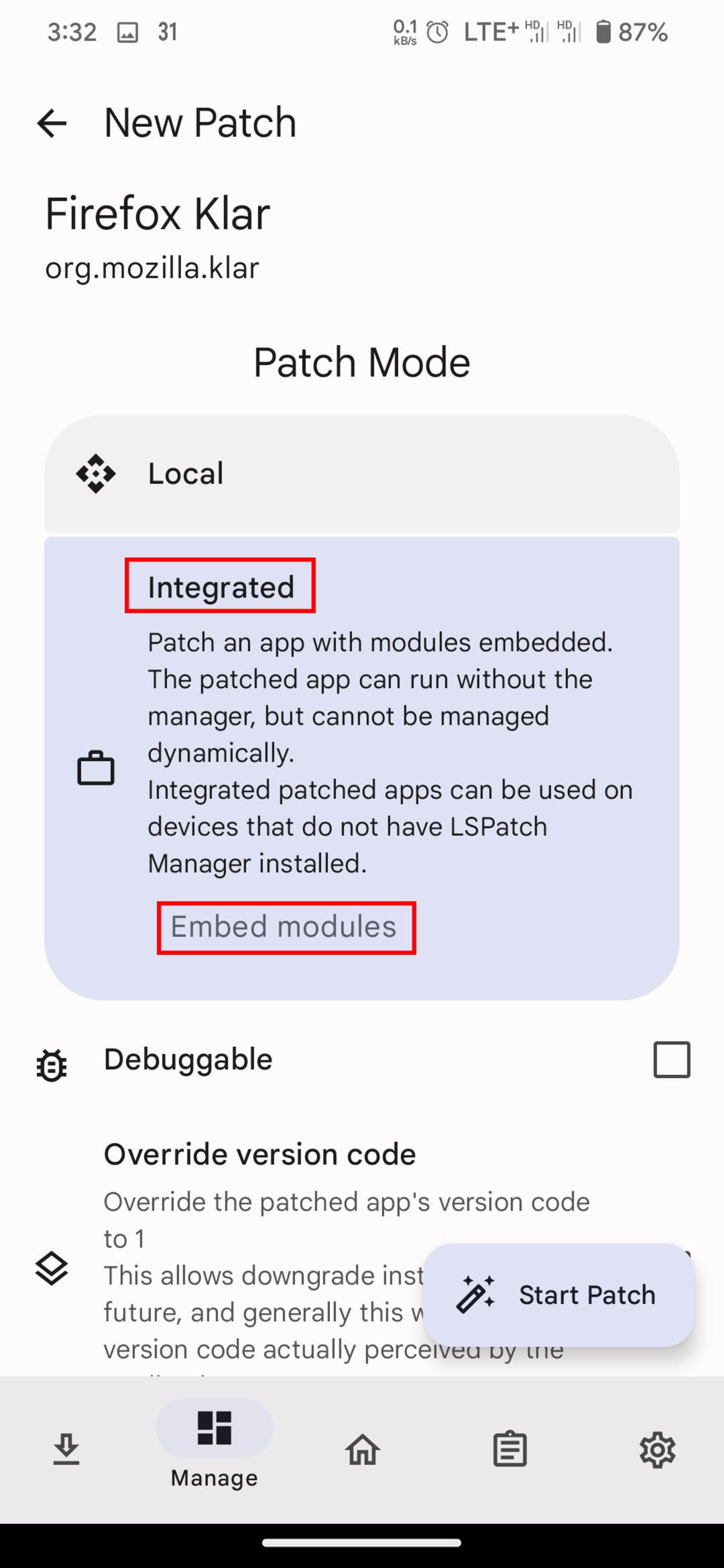 انتخاب گزینه‌ی Integrated برای Patch Mode و انتخاب Embed modules