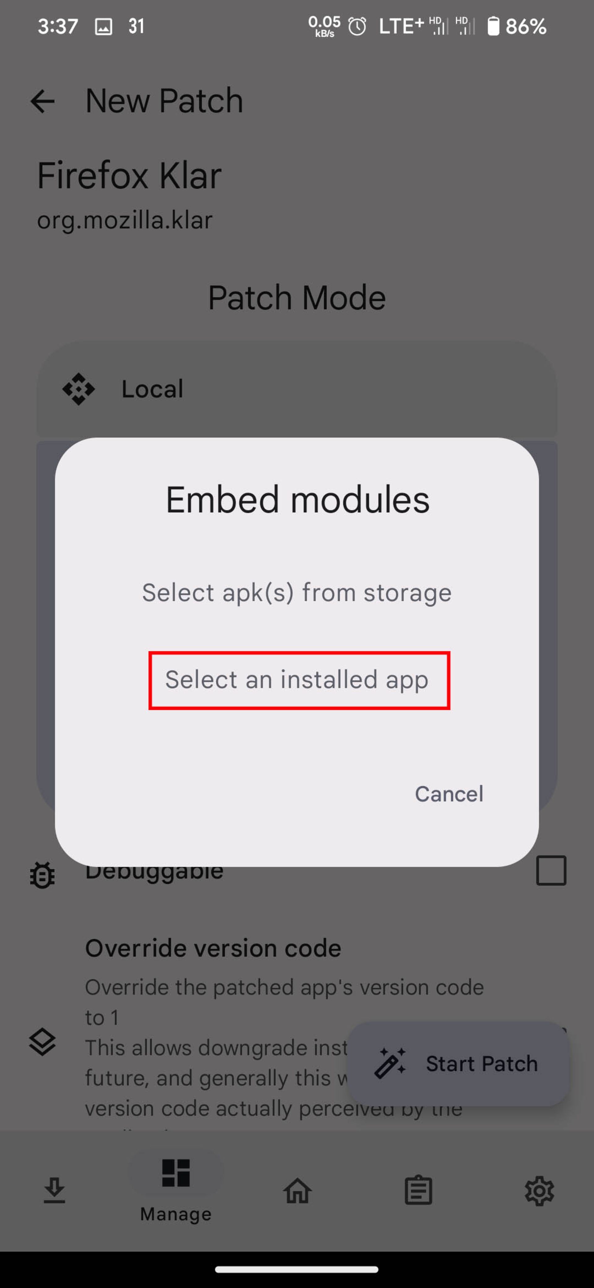 انتخاب گزینه‌ی Select an installed app در پاپ‌آپِ Embed modules