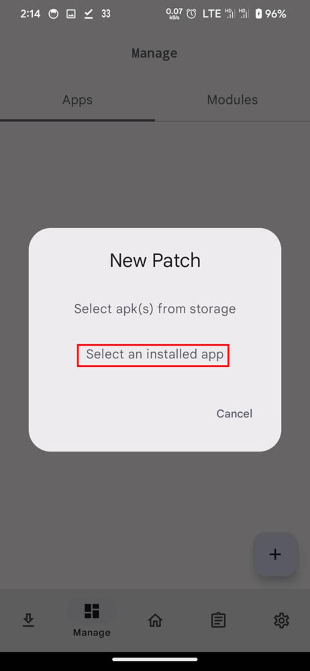 انتخاب گزینه‌ی Select an installed app در پاپ‌آپِ New Patch