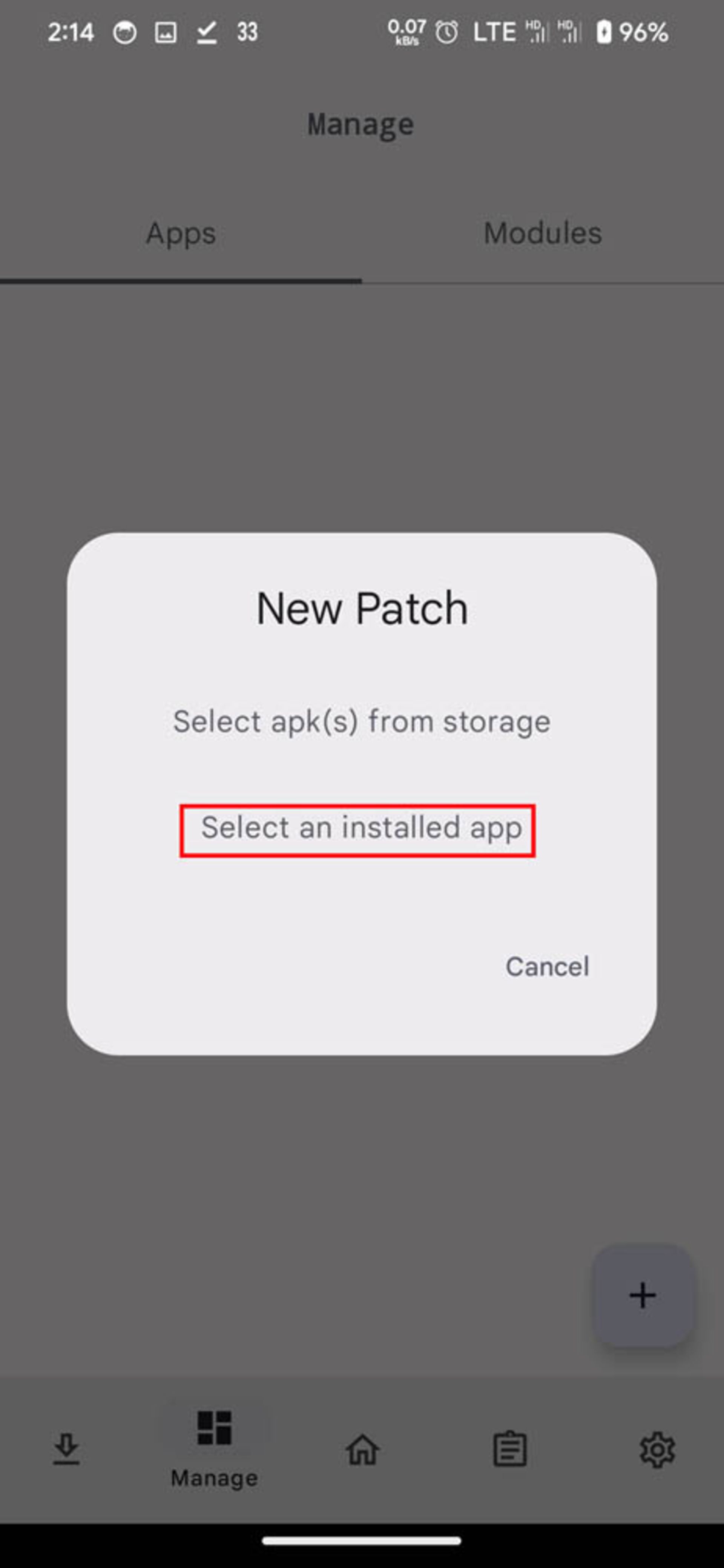 انتخاب گزینه‌ی Select an installed app در پاپ‌آپِ New Patch