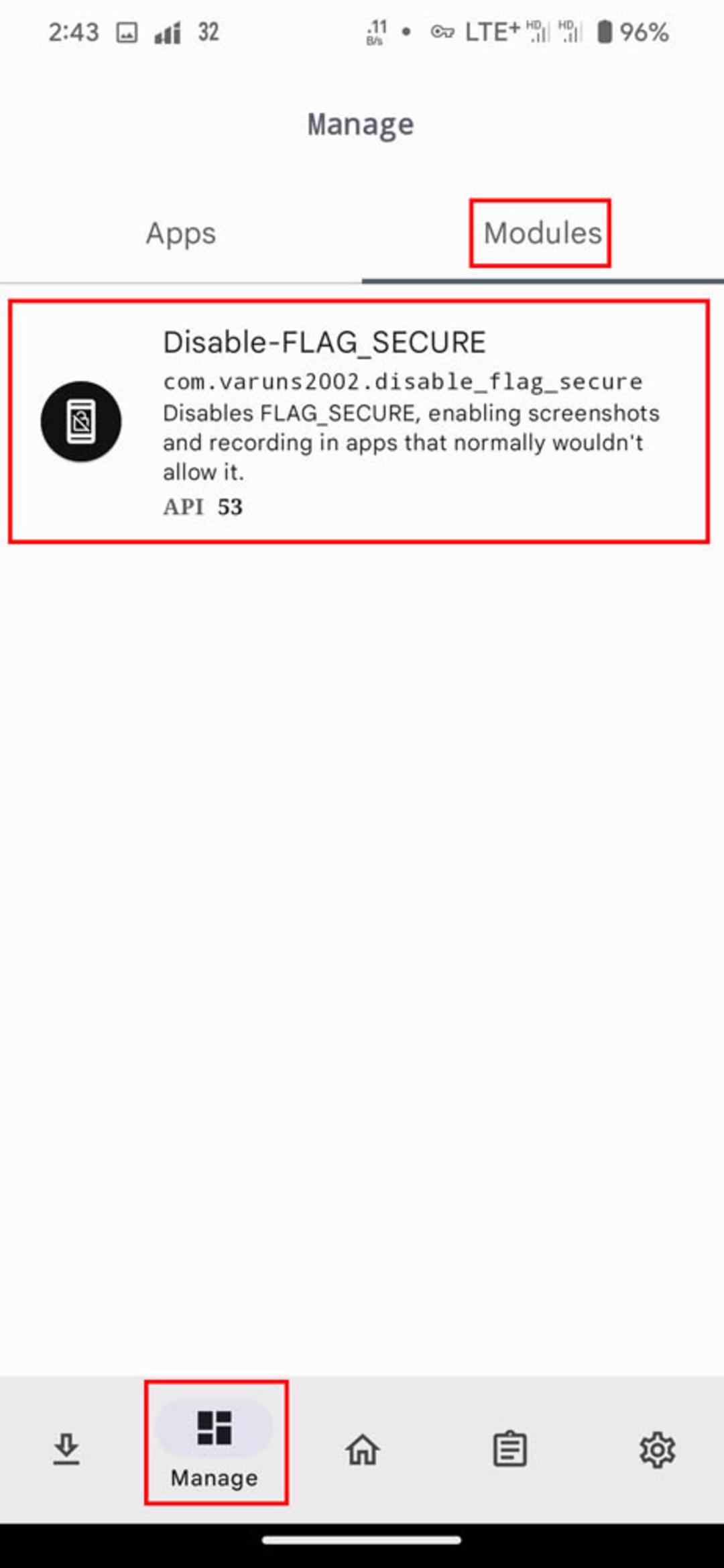 ماژول Disable-FLAG_SECURE در تب Modules‌ در قسمت Manage اپلیکیشن LSPatch
