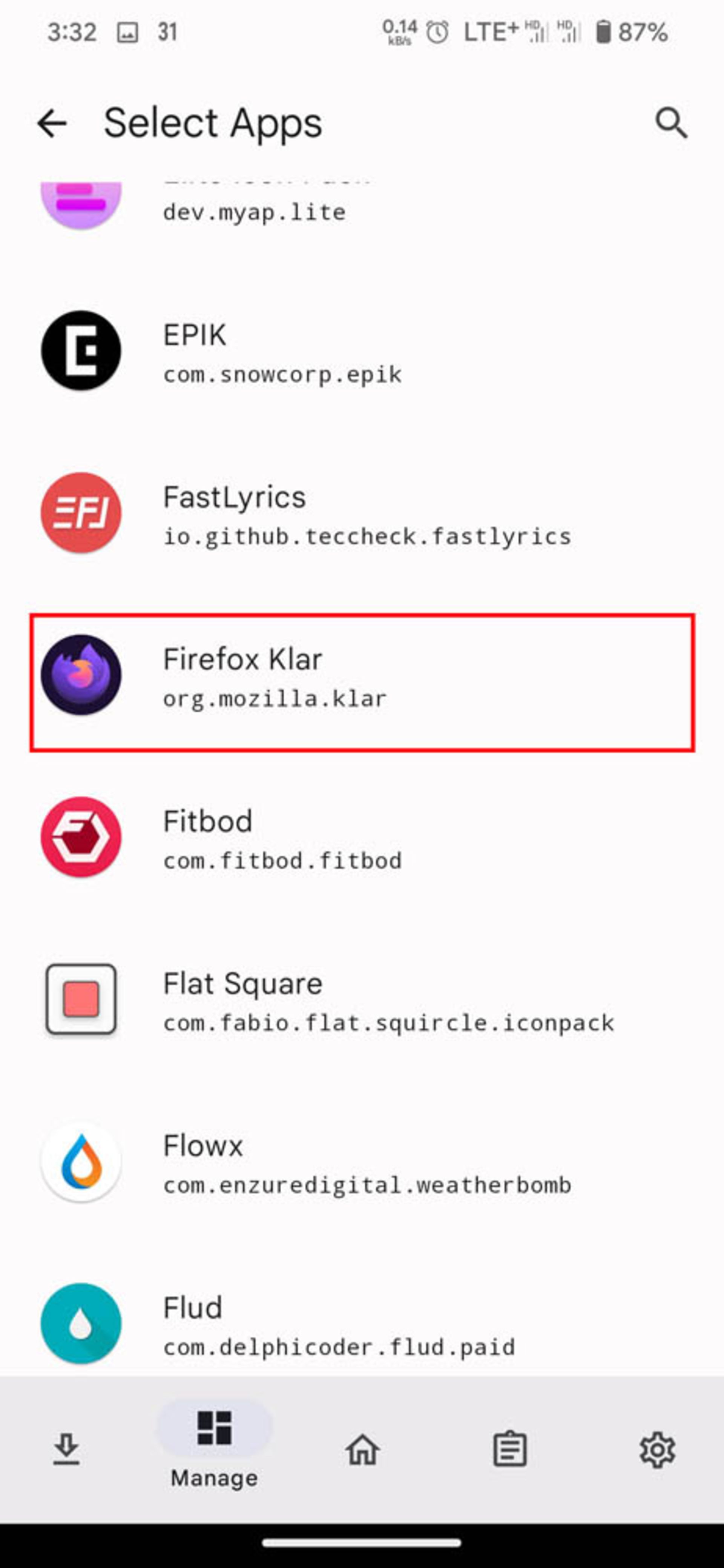 انتخاب یک اپلیکیشن (در اینجا Firefox Klar) برای پچ شدن