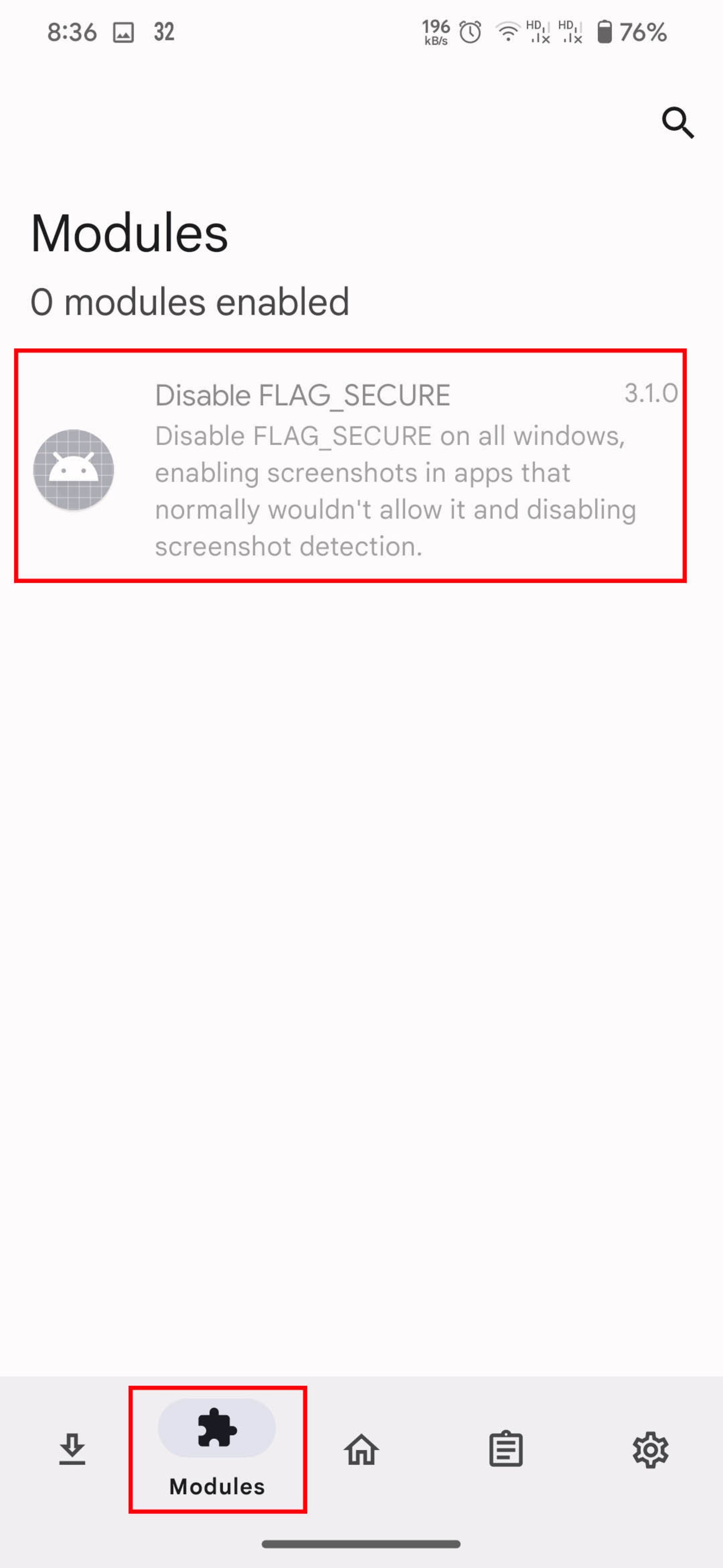 صفحه‌ی ماژول‌های LSPosed که ماژول Disable FLAG_SECURE در آن غیرفعال است