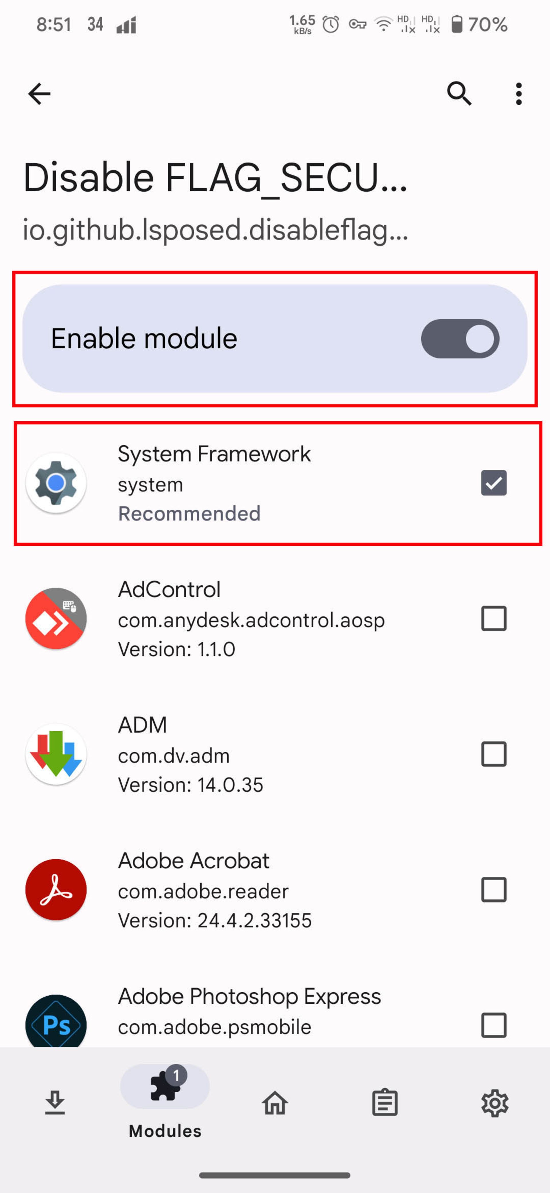 فعال کردن ماژول Disable FLAG_SECURE و گزینه‌ی System Framework