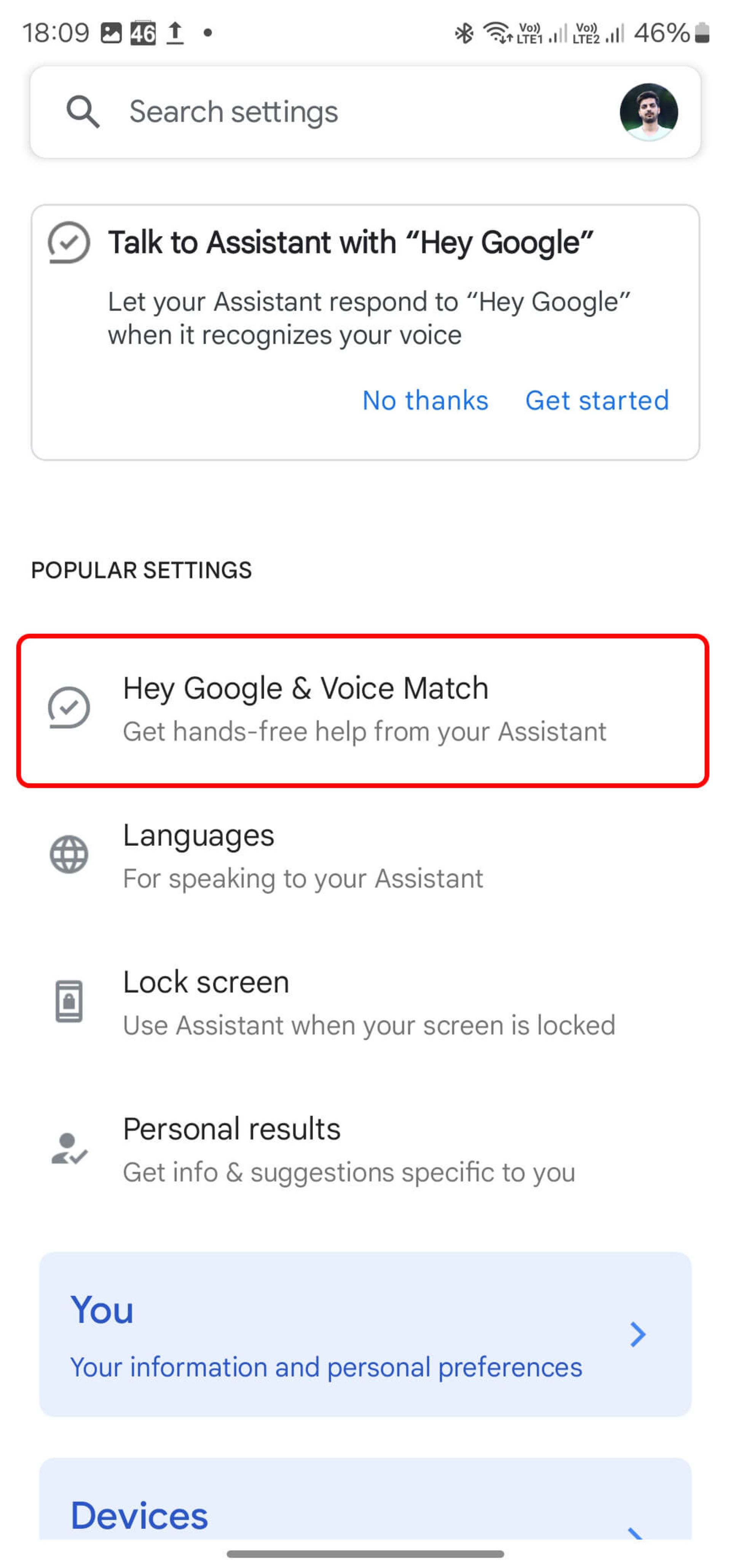 انتخاب Hey Google & Voice Match