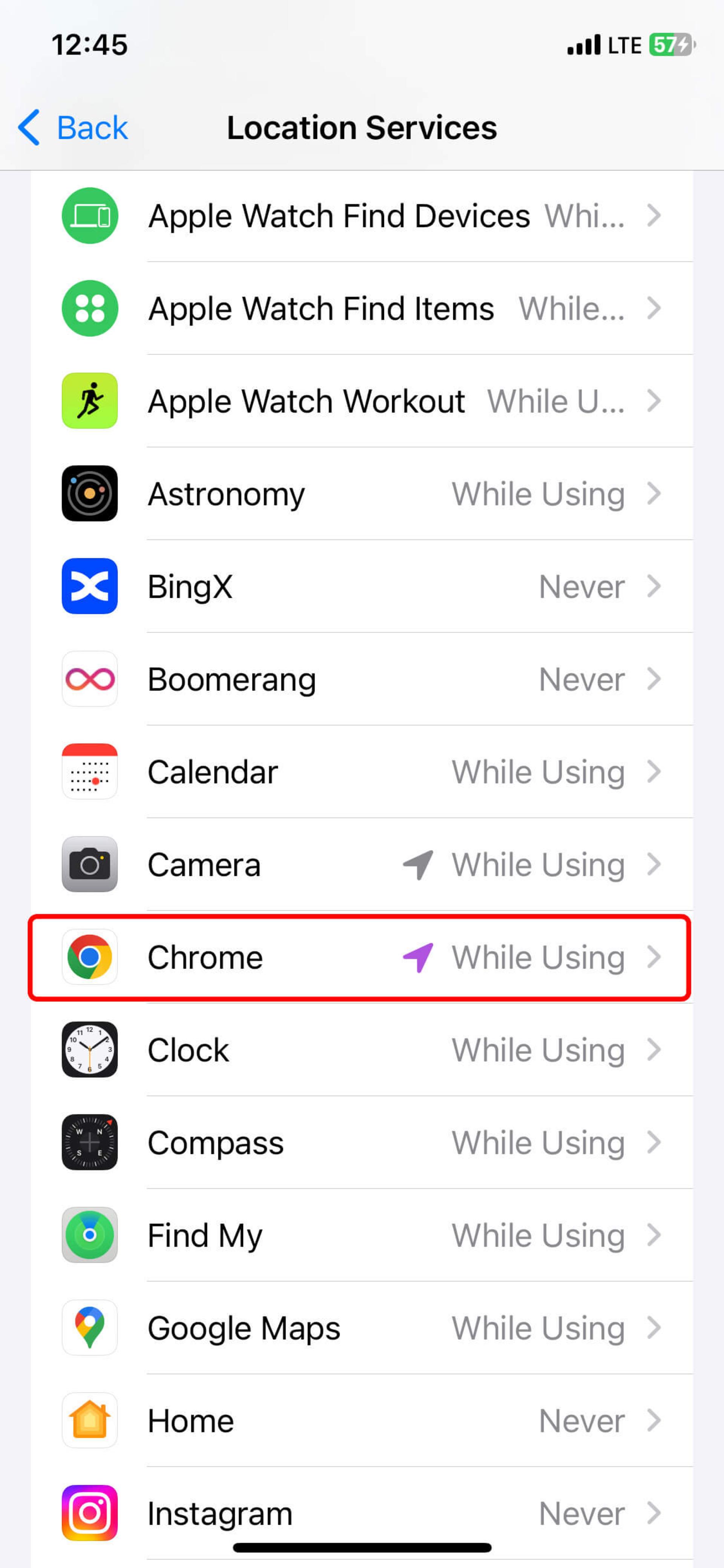 انتخاب گوگل کروم در بخش Location Services