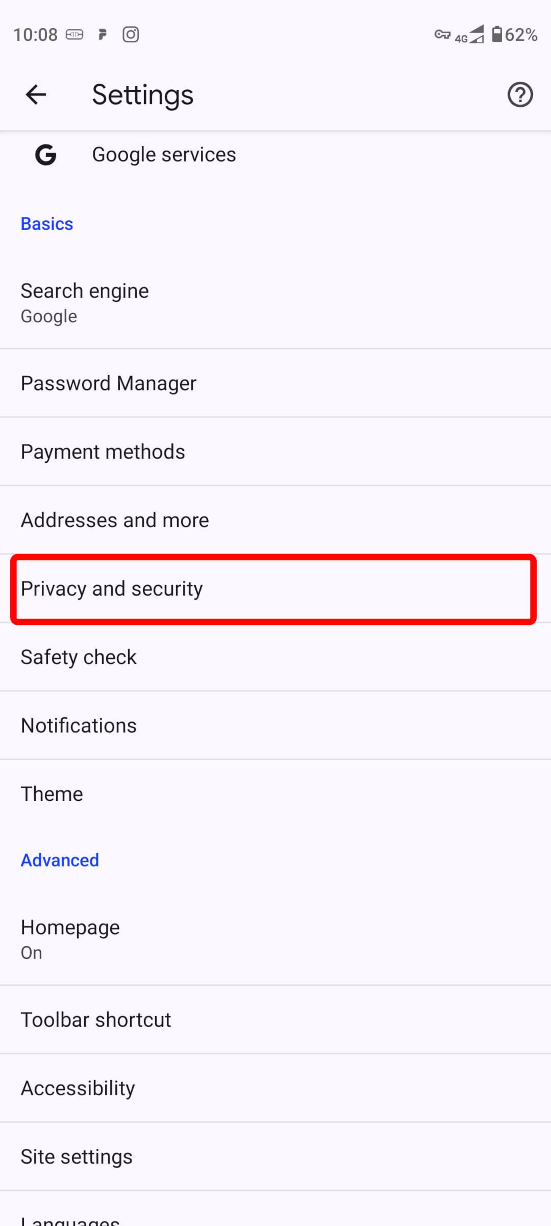 انتخاب Privacy & security در گوگل کروم اندروید
