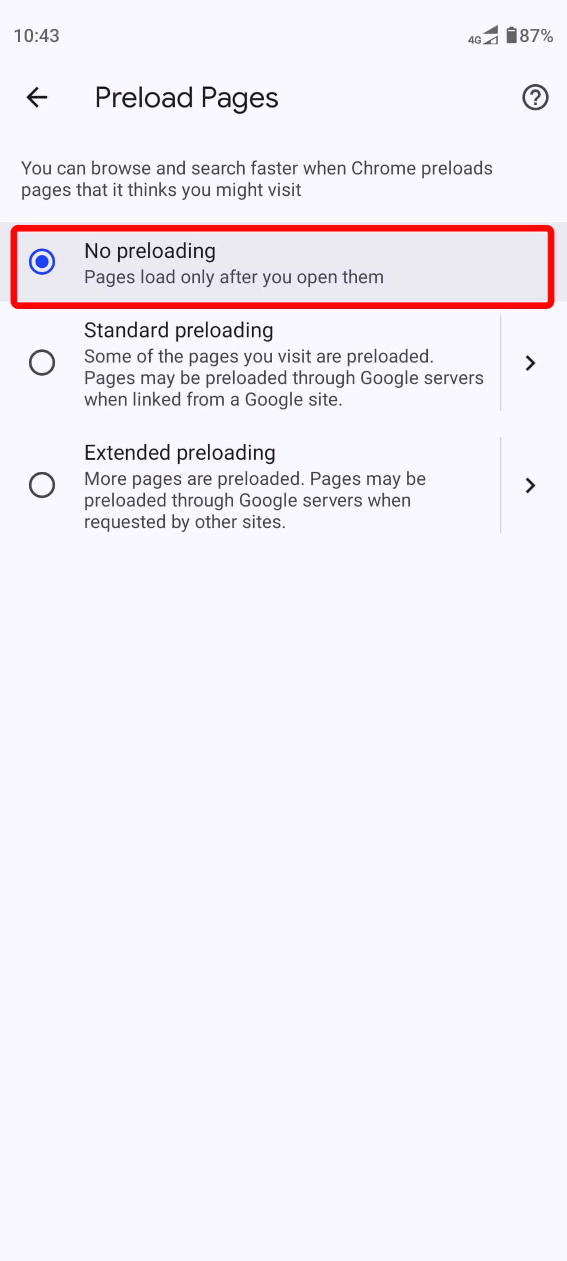 انتخاب No preloading در گوگل کروم اندروید
