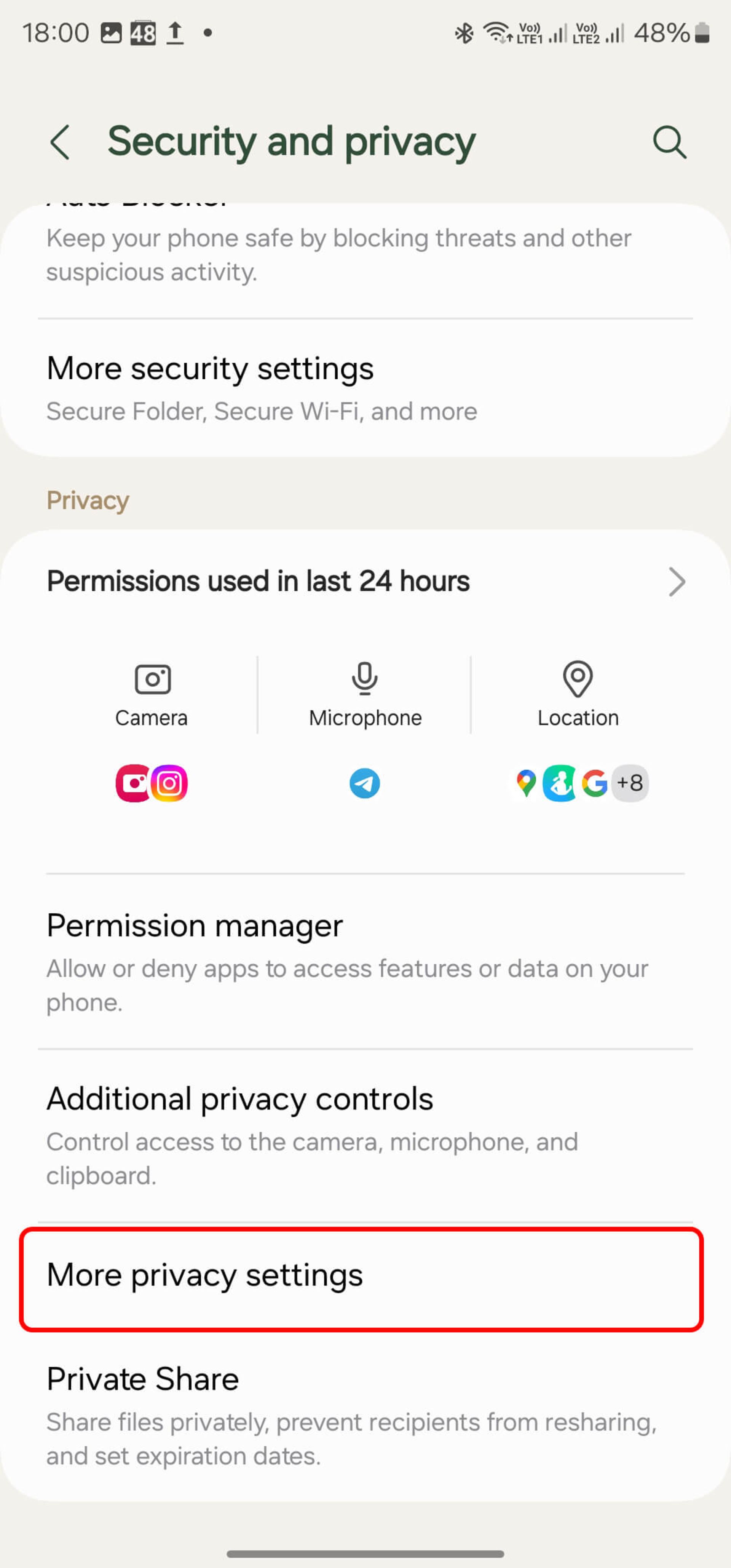 انتخاب more privacy settings