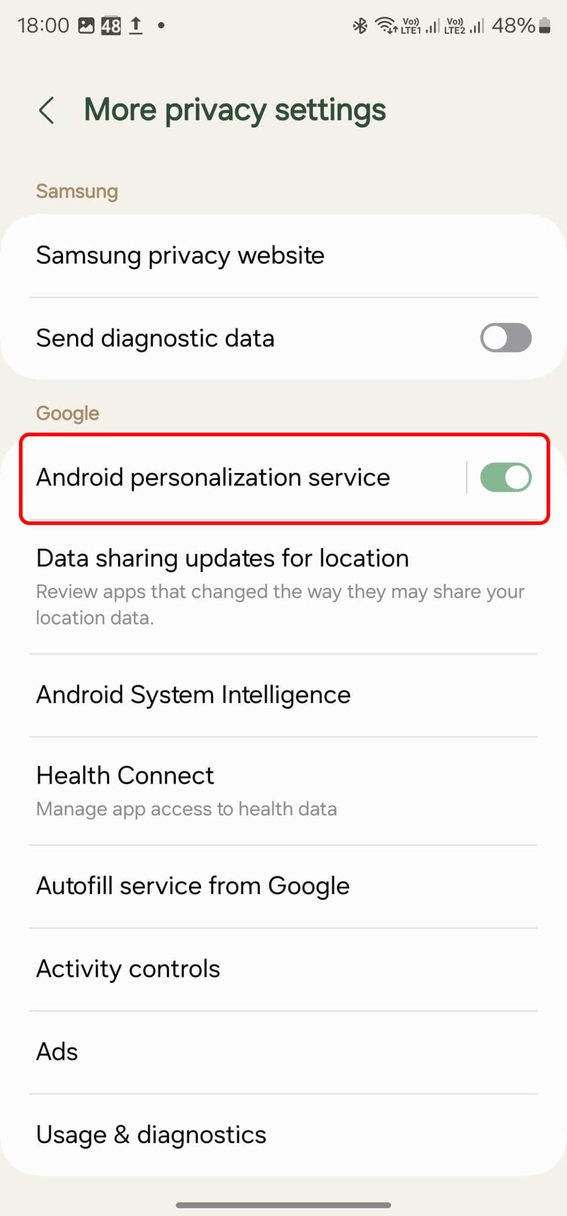 دکمه android personalization service