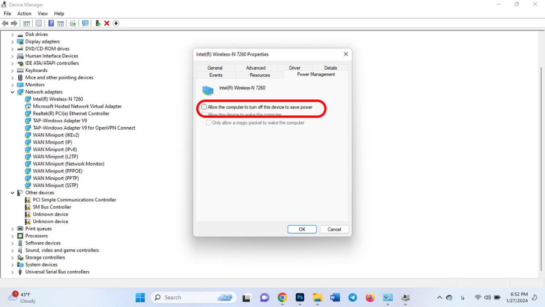 برداشتن تیک Allow the computer to off this device to save power