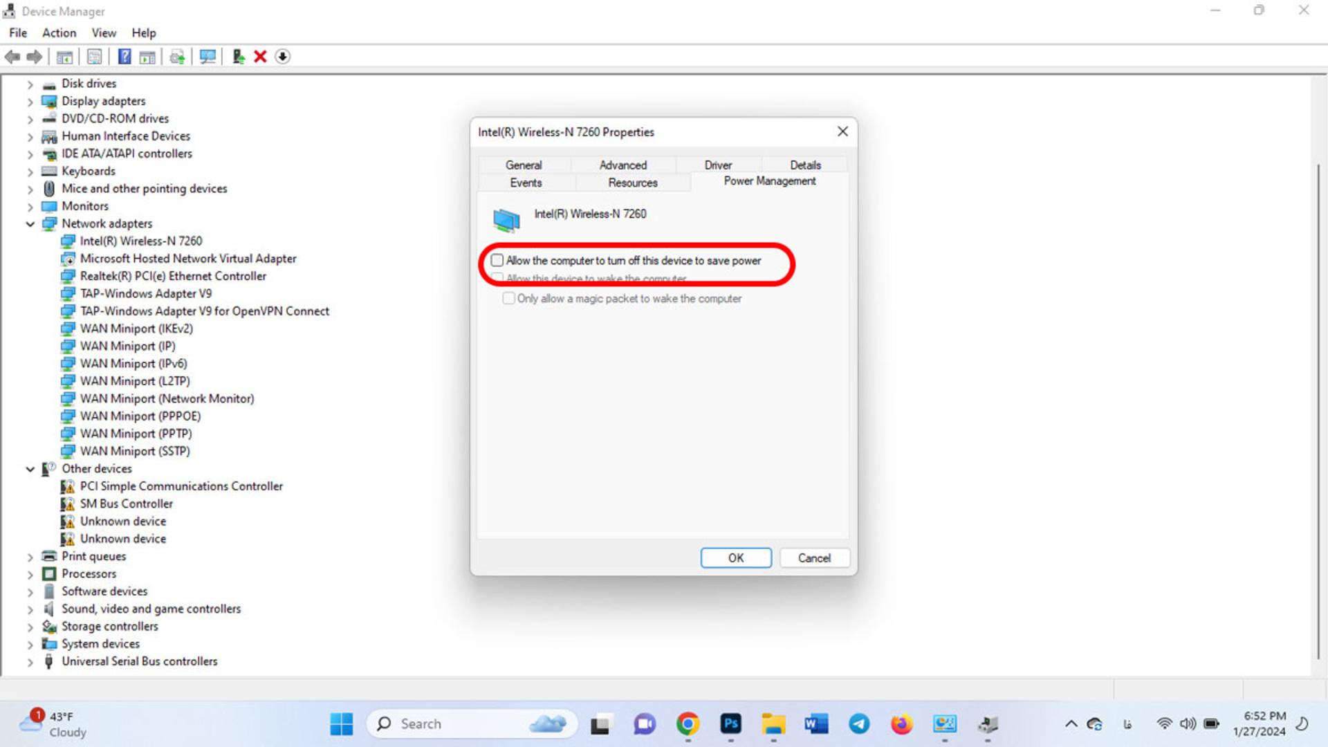 برداشتن تیک Allow the computer to off this device to save power