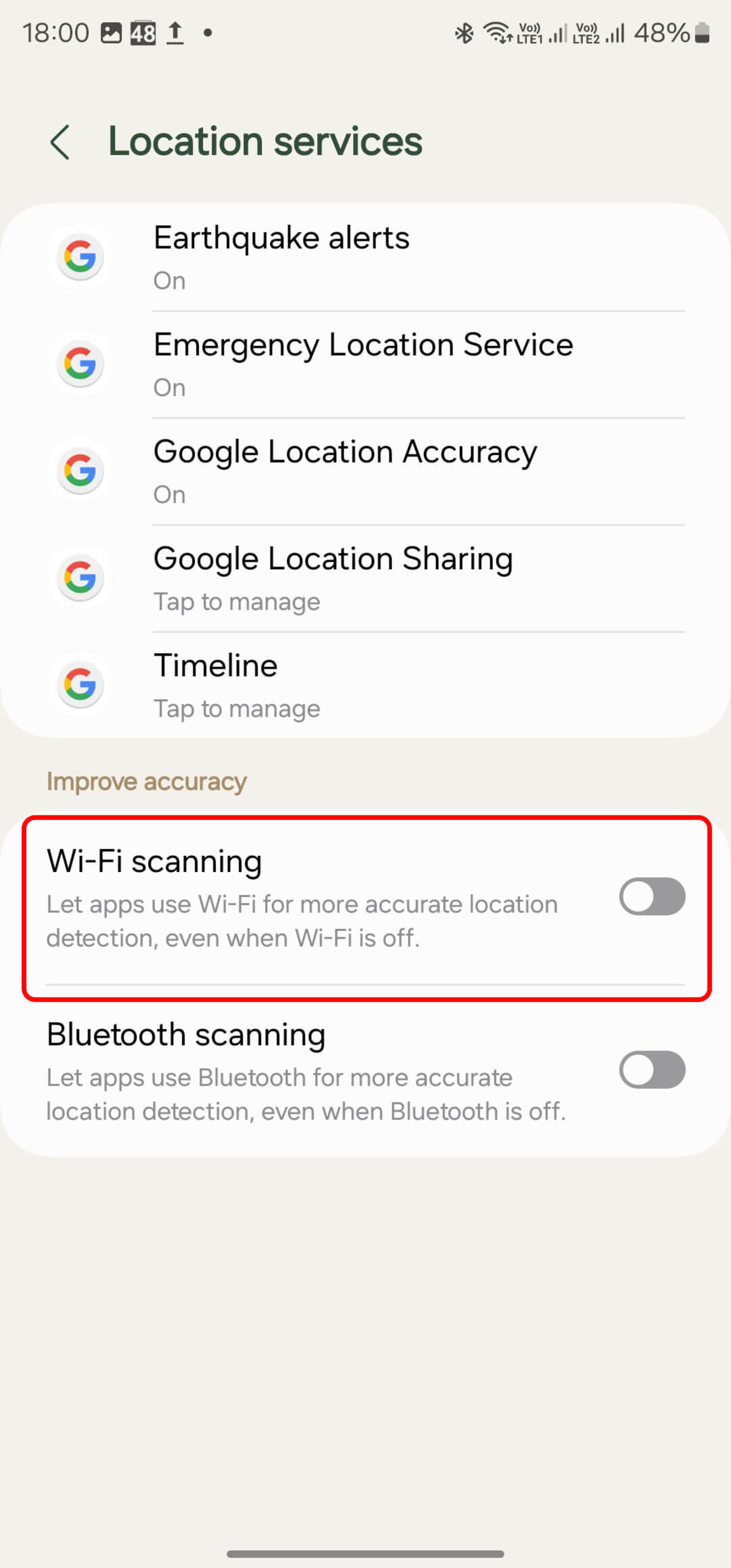 خاموش کردن دکمه Wi-Fi scanning