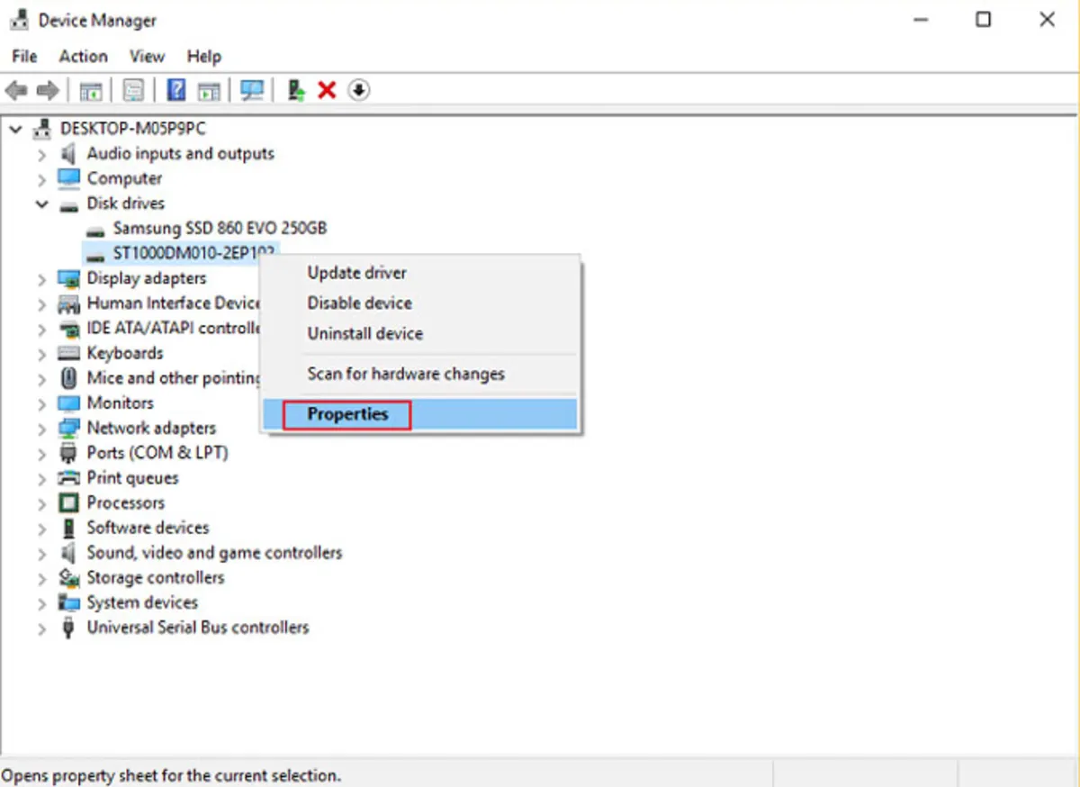 Checking the status of the hard drive in Device Manager