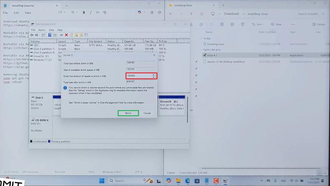 تعیین فضای مورد نظر برای Shrink شدن