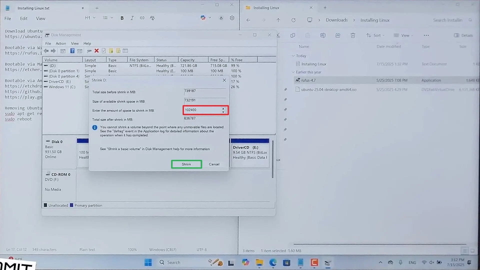 تعیین فضای مورد نظر برای Shrink شدن