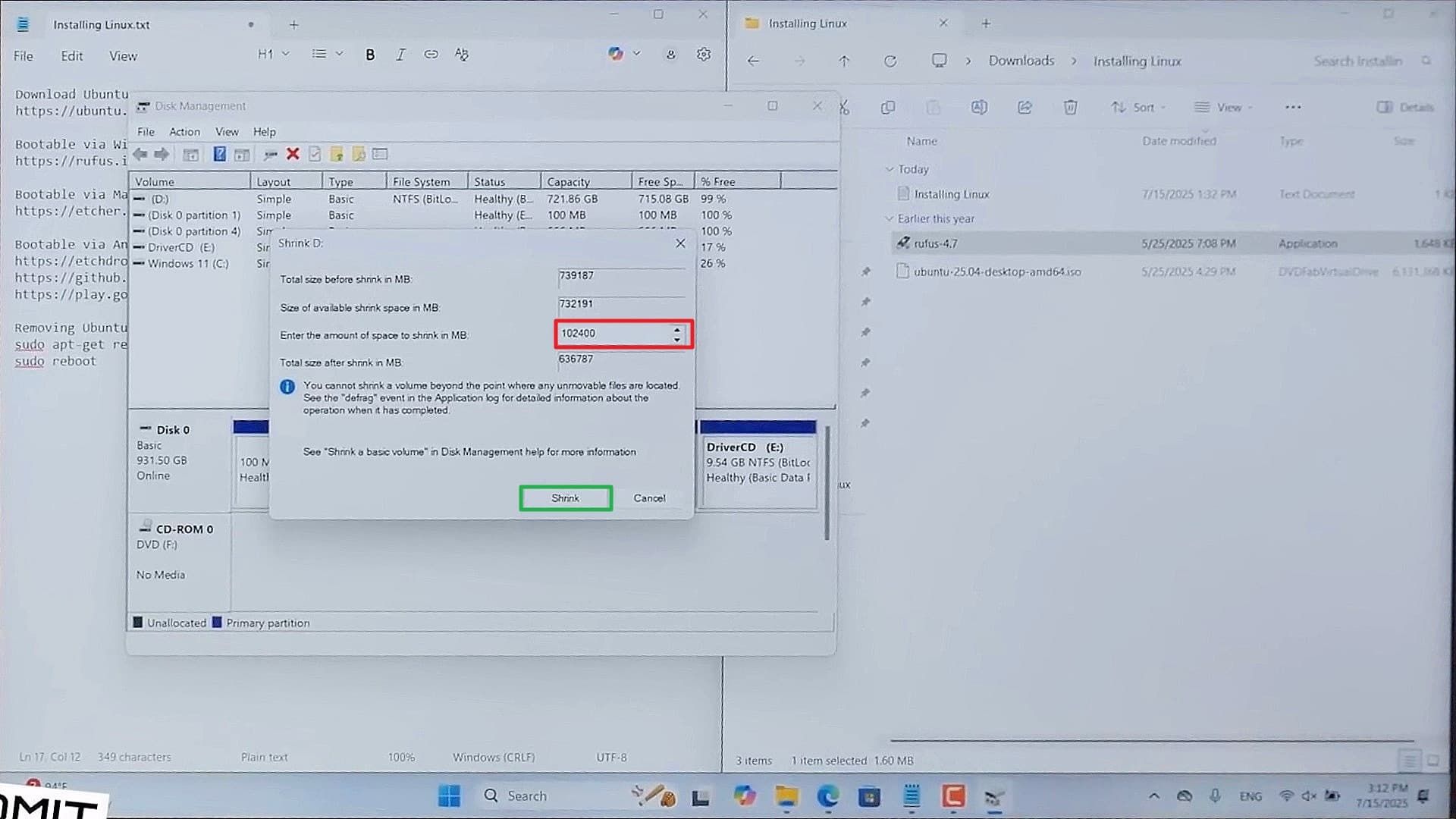 تعیین فضای مورد نظر برای Shrink شدن