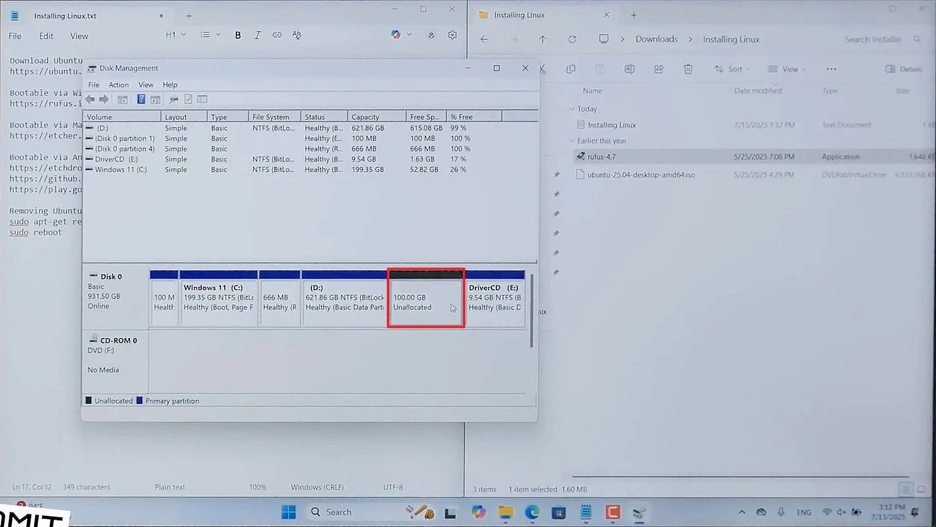 فضای Unallocated پس از Shrink کردن درایو