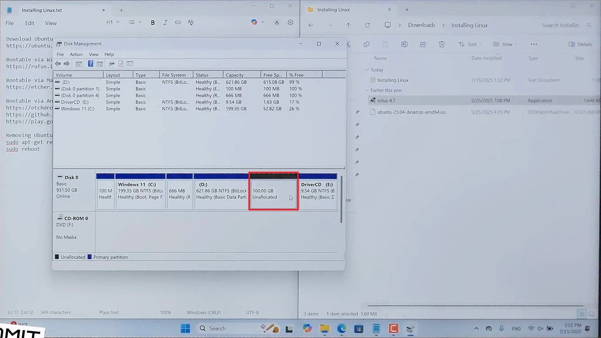 فضای Unallocated پس از Shrink کردن درایو