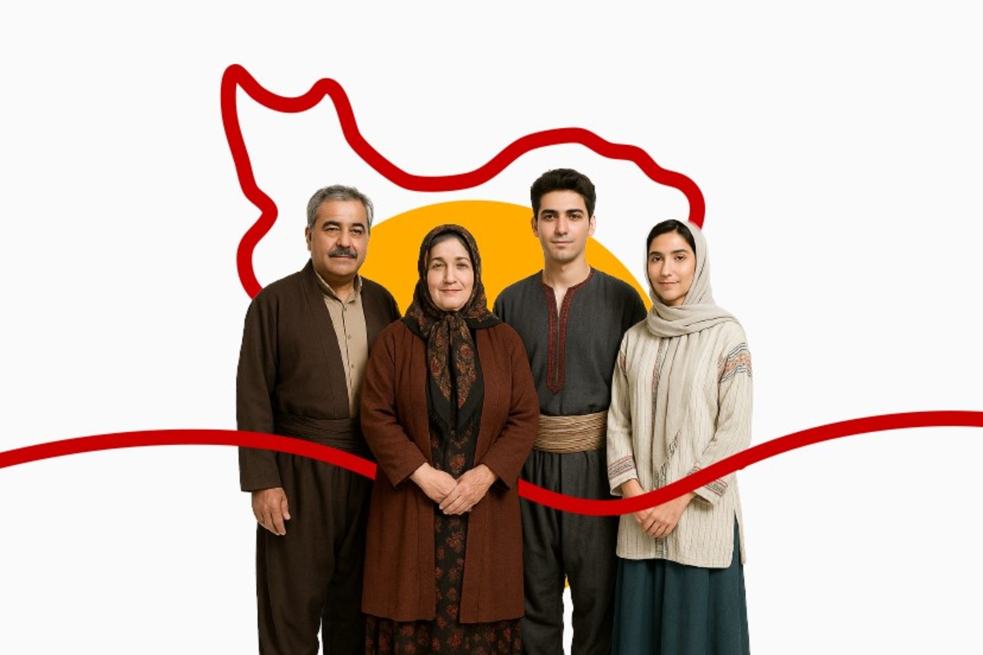 دو زن و دو مرد در کنار هم با پس‌زمینه نقشه ایران