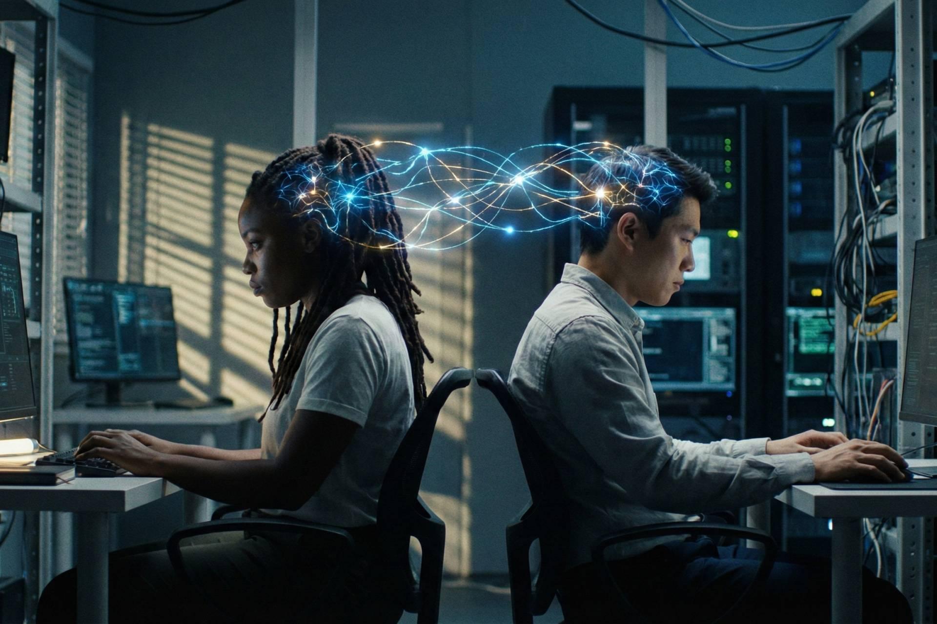 دو همکار پشت به پشت هم نشسته‌اند و روی صفحه نمایش کامپیوتر تمرکز کرده‌اند. خطوط شبکه عصبی درخشان و انتزاعی، سرهای آنها را به هم متصل می‌کند.