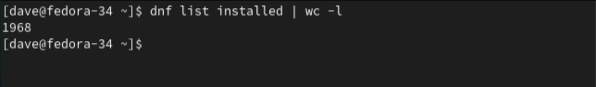 دستور dnf list installed | wc -l و خروجی آن در فدورا