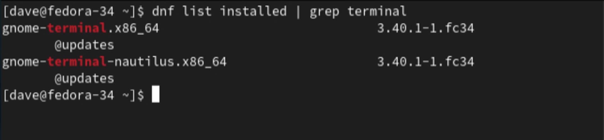 دستور dnf list installed | grep terminal و خروجی آن در فدورا