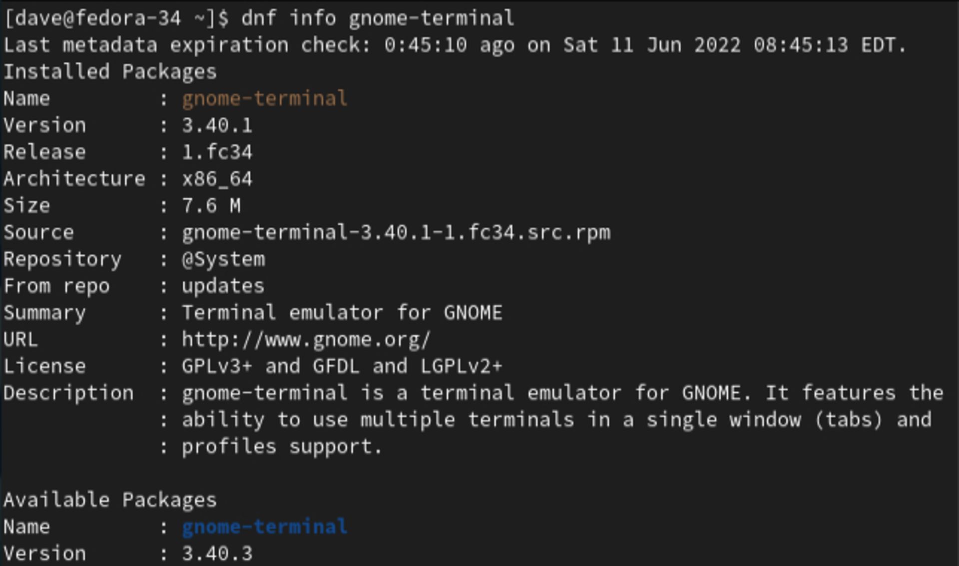 دستور dnf info gnome-terminal و خروجی آن در فدورا