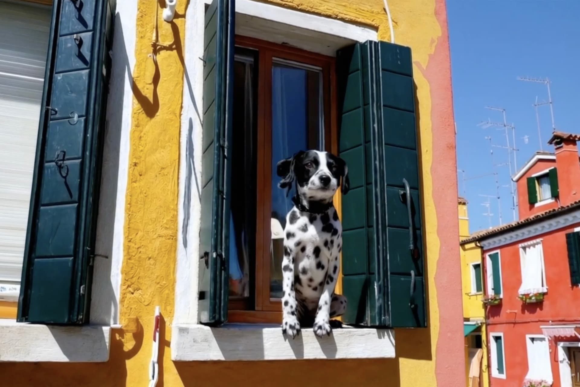 سگ خال خالی روی پنجره یک خانه با دیوار رنگی در شهر روز روشن
