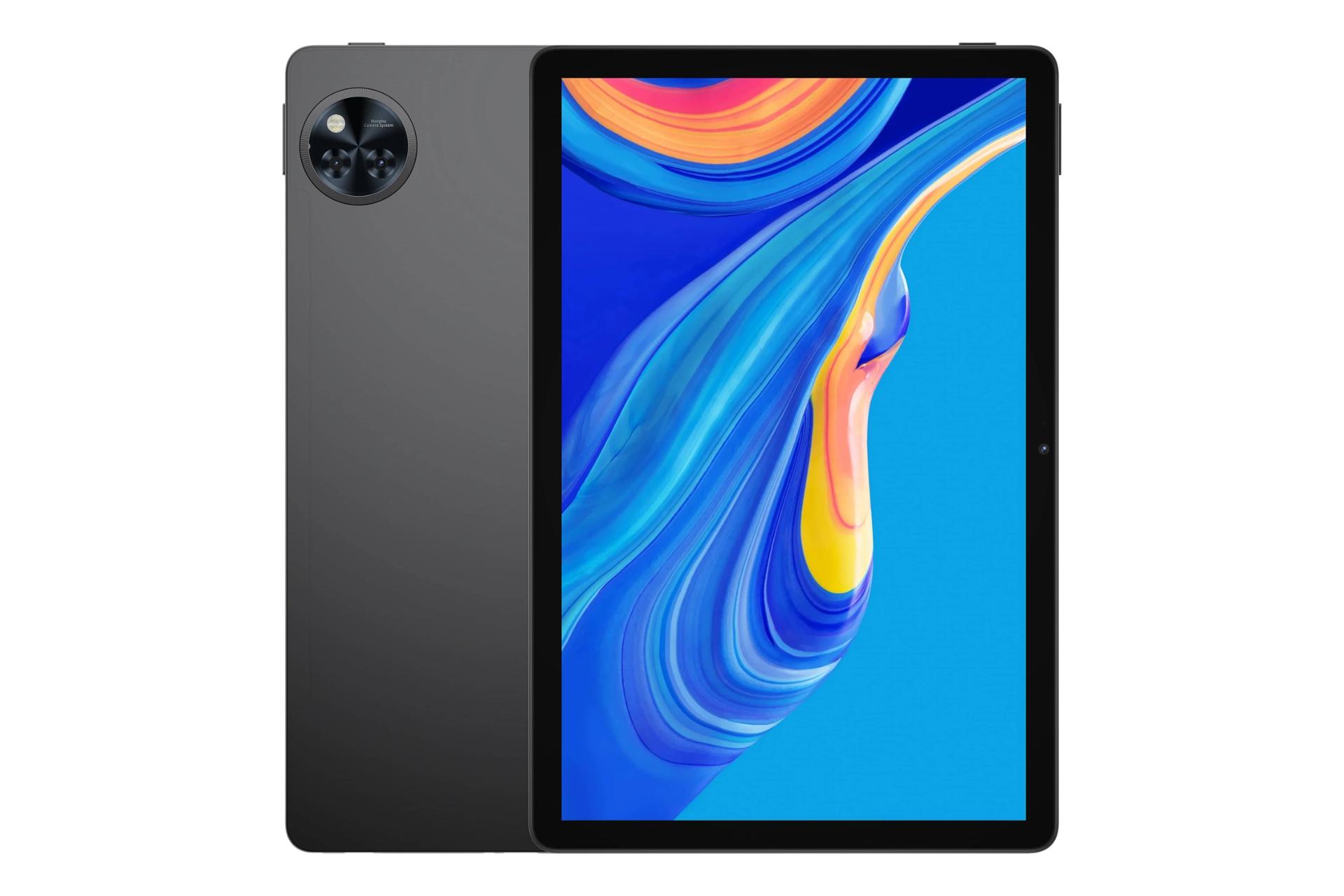 نمای کلی تبلت U11 پرو دوجی / Doogee U11 Pro با نمایشگر روشن و نمایش لوگو و دوربین پنل پشت رنگ مشکی