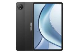 نمای کلی تبلت V پد دوجی / Doogee V Pad با نمایشگر روشن و نمایش لوگو و دوربین پنل پشت