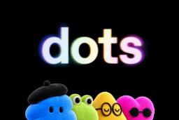 لوگوی رنگی داتس (Dots) بالای چهار شخصیت عروسکی و رنگی