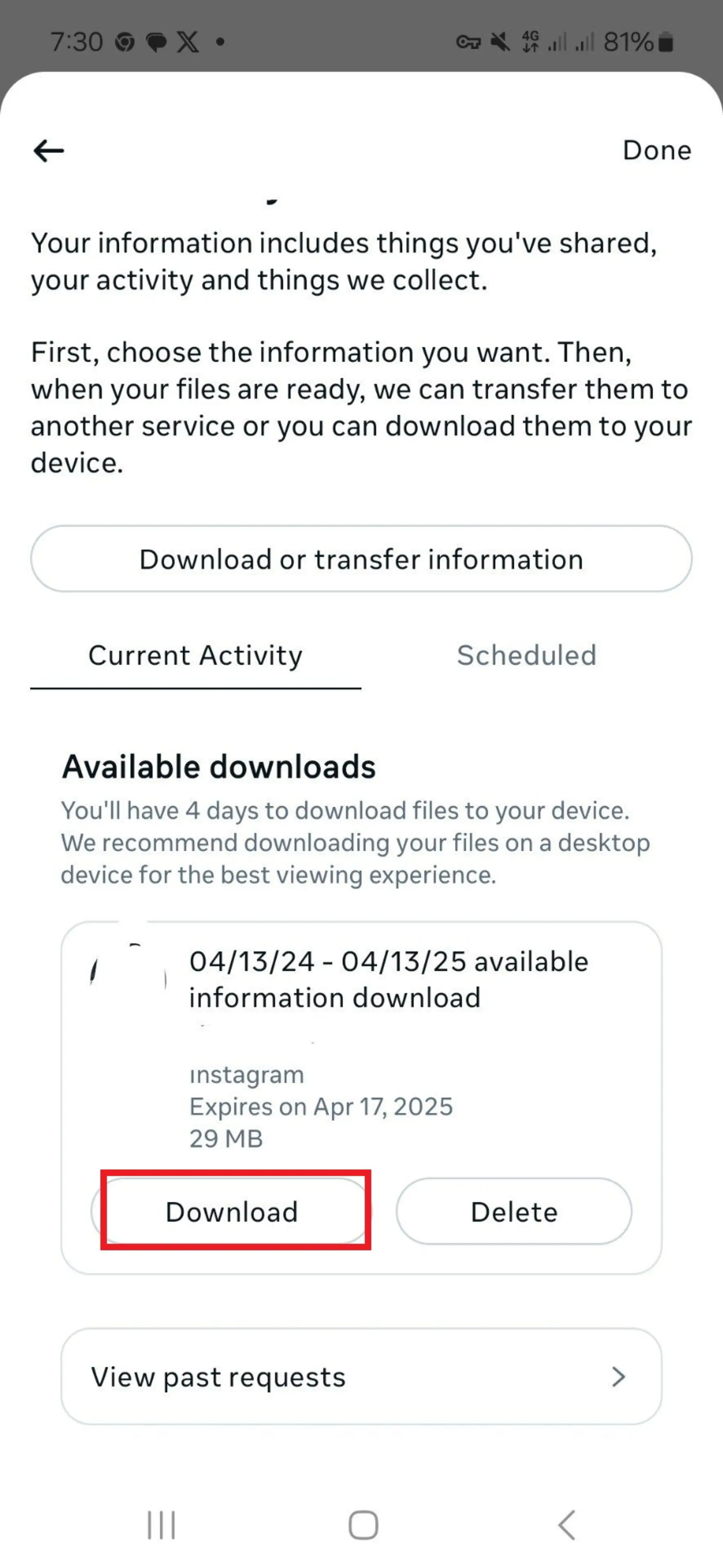 دانلود داده های اینستاگرام از بخش download your information