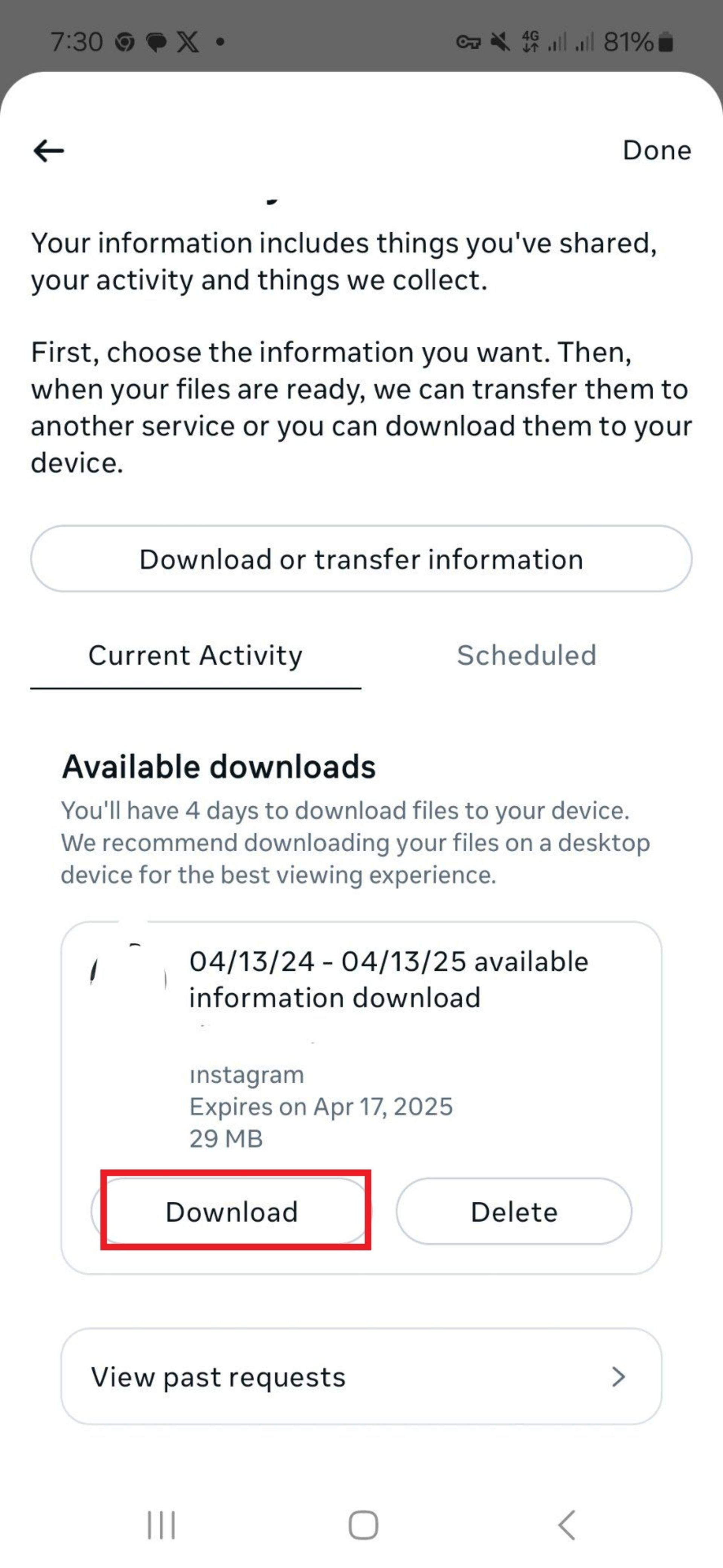 دانلود داده های اینستاگرام از بخش download your information