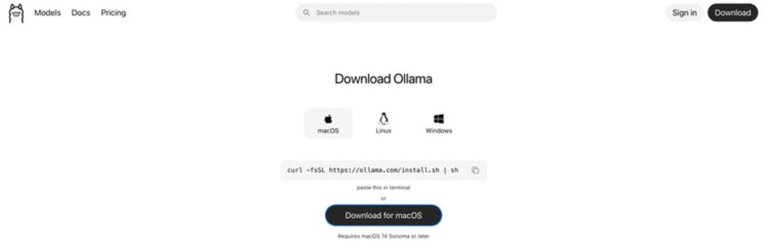 رابط کاربری وب‌سایت Ollama برای انتخاب نسخه مناسب سیستم‌عامل