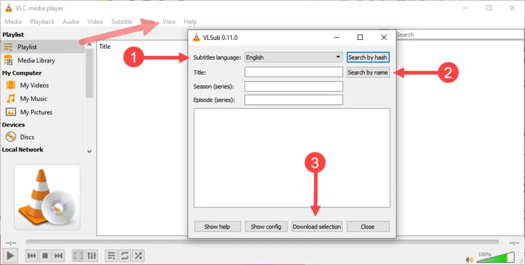 منوی دانلود زیرنویس برنامه VLC